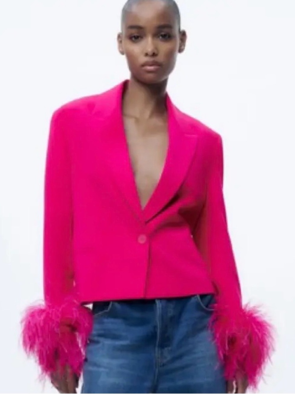 Zara Fuchsia Feather-Cuff Blazer